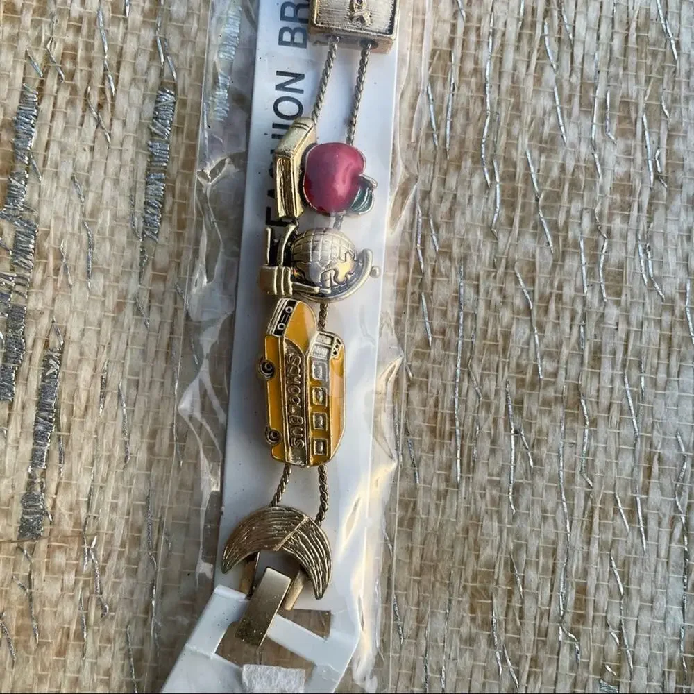 Vintage School Teacher Charm Bracelet Apple School Bus Globe